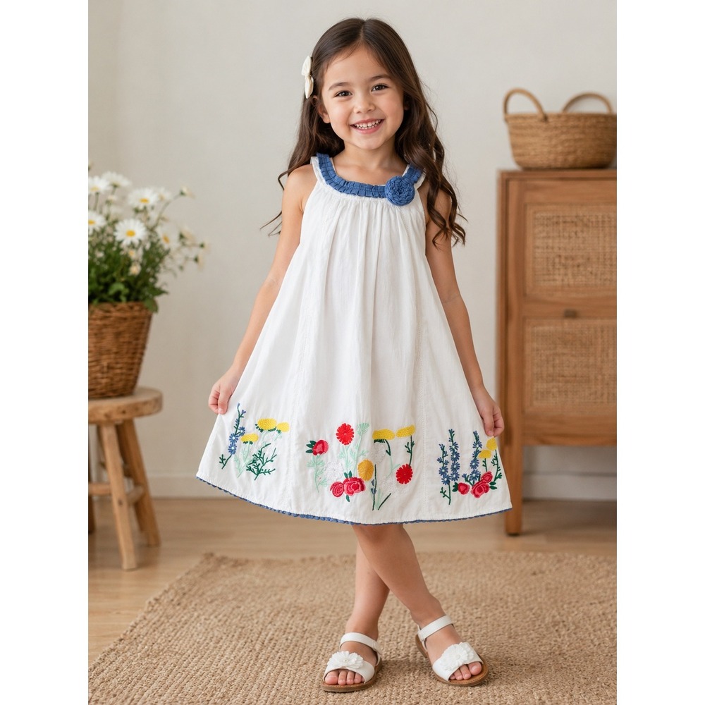 Cutey Couture White Embroidered Floral Cotton Dress Girls 4/5Y Cottage Whimsical